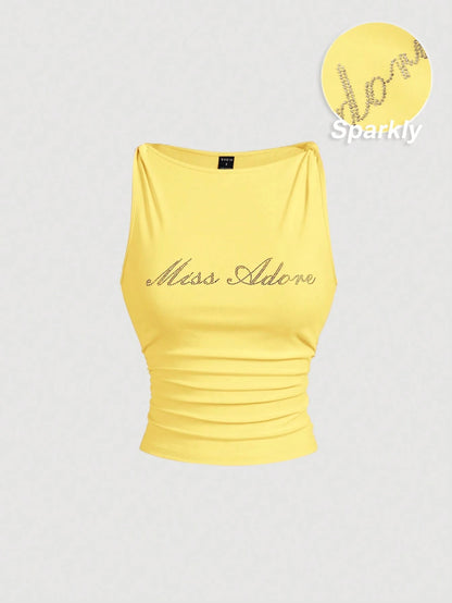 MOD Women's Rhinestone Twist Ruched Fitted Yellow Tank Top