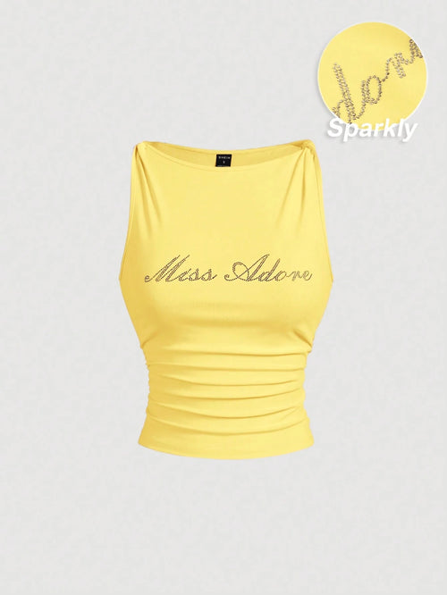 MOD Women's Rhinestone Twist Ruched Fitted Yellow Tank Top