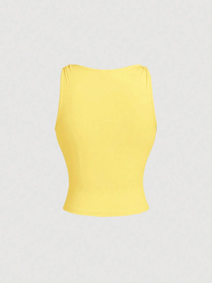 MOD Women's Rhinestone Twist Ruched Fitted Yellow Tank Top