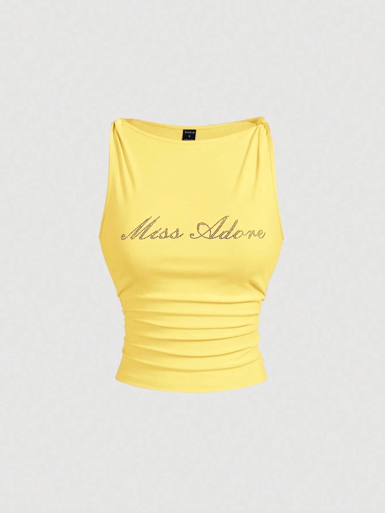 MOD Women's Rhinestone Twist Ruched Fitted Yellow Tank Top