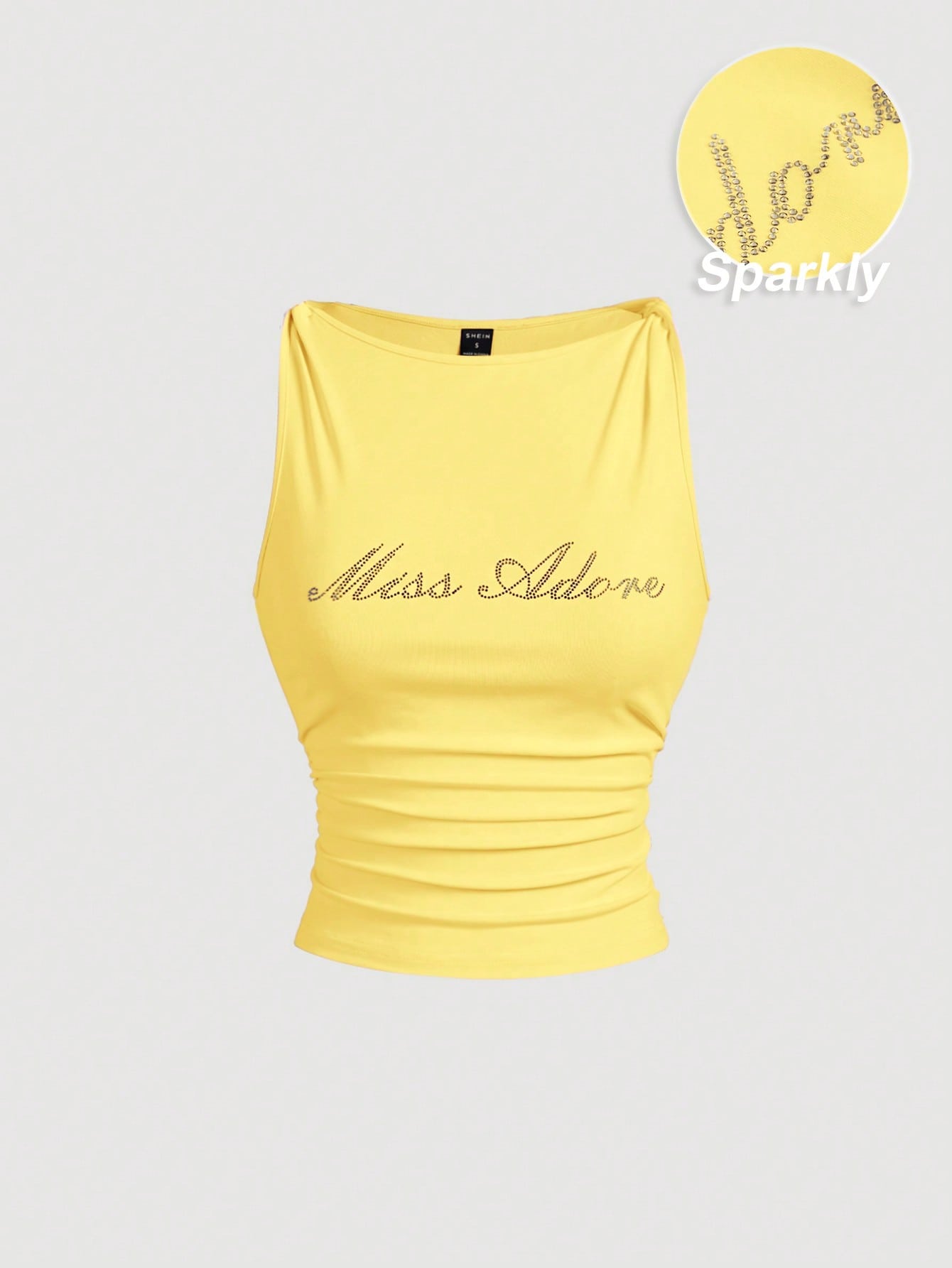 MOD Women's Rhinestone Twist Ruched Fitted Yellow Tank Top