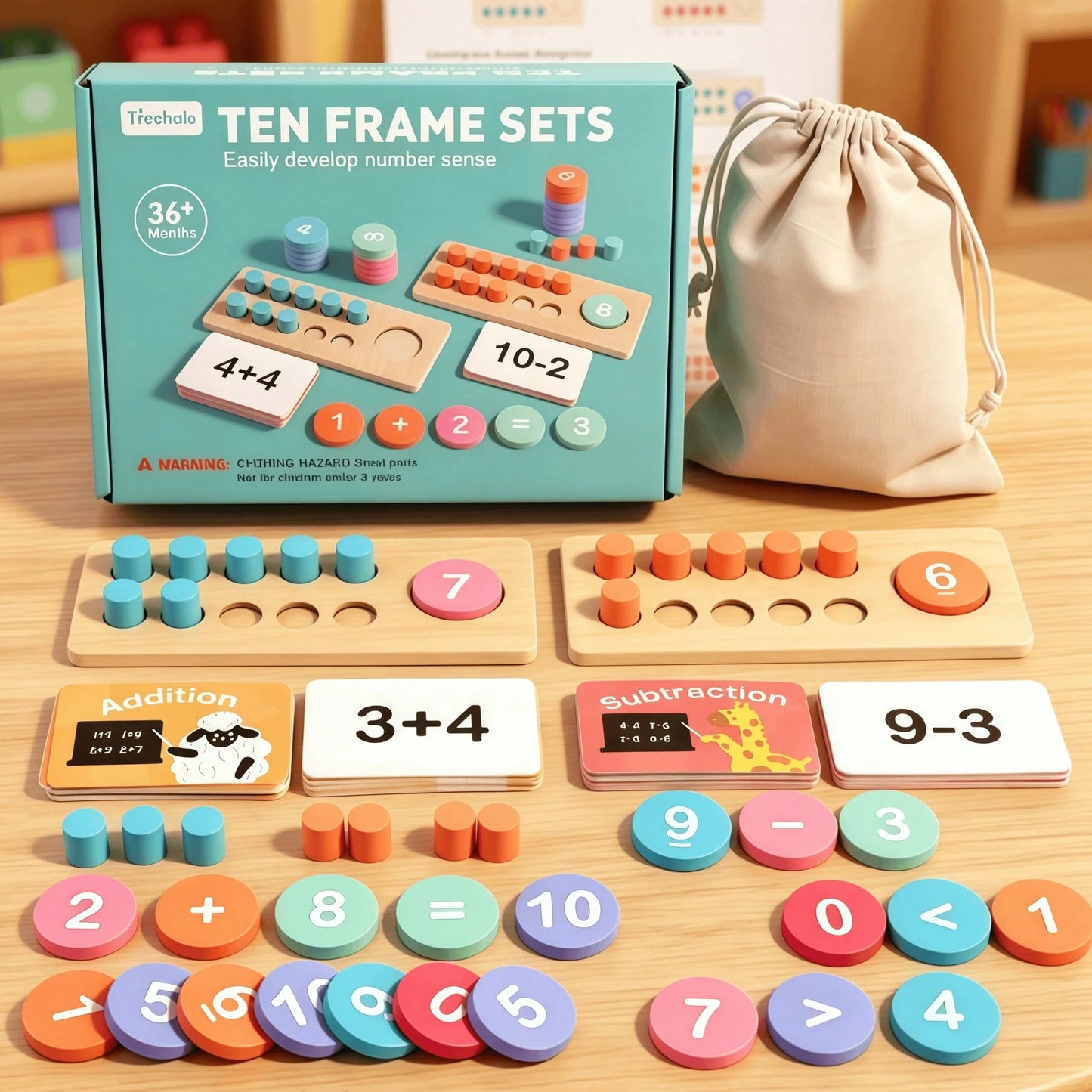 Montessori Math Manipulatives Wooden Learning Digit & Counting Game 10-Frame Set, Suitable For Elementary Classrooms And Kindergartens