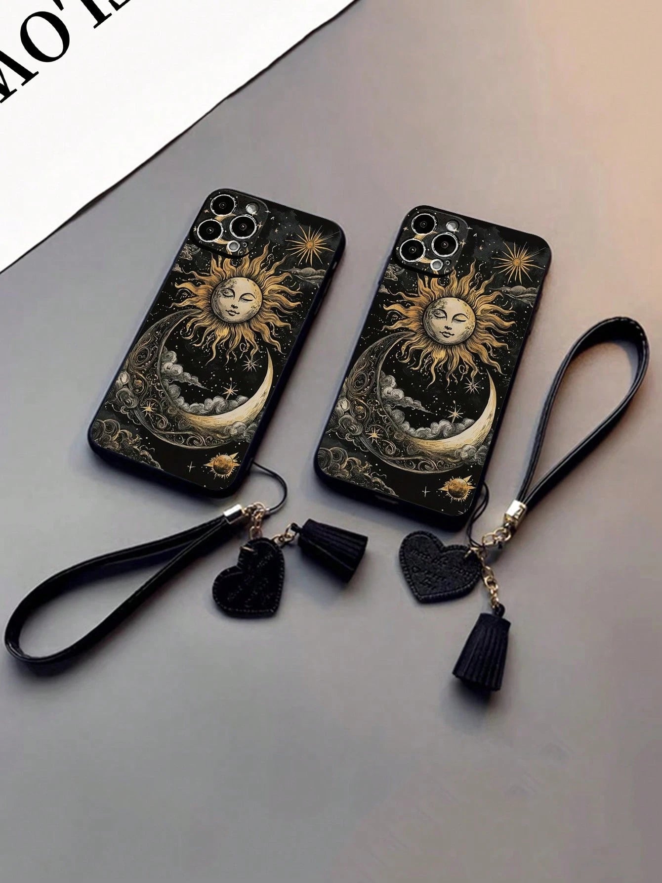 Moon Leather Black Shock-Proof 1pc Perforated Edged Black Moon 3D Print Shock-Proof Protective Phone Case With New Design Leather Heart Lanyard DIY Phone Accessory, Short Wrist Strap Tassel Pendant Ch