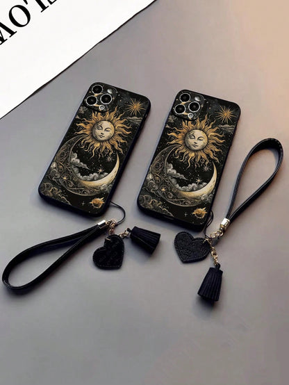 Moon Leather Black Shock-Proof 1pc Perforated Edged Black Moon 3D Print Shock-Proof Protective Phone Case With New Design Leather Heart Lanyard DIY Phone Accessory, Short Wrist Strap Tassel Pendant Ch