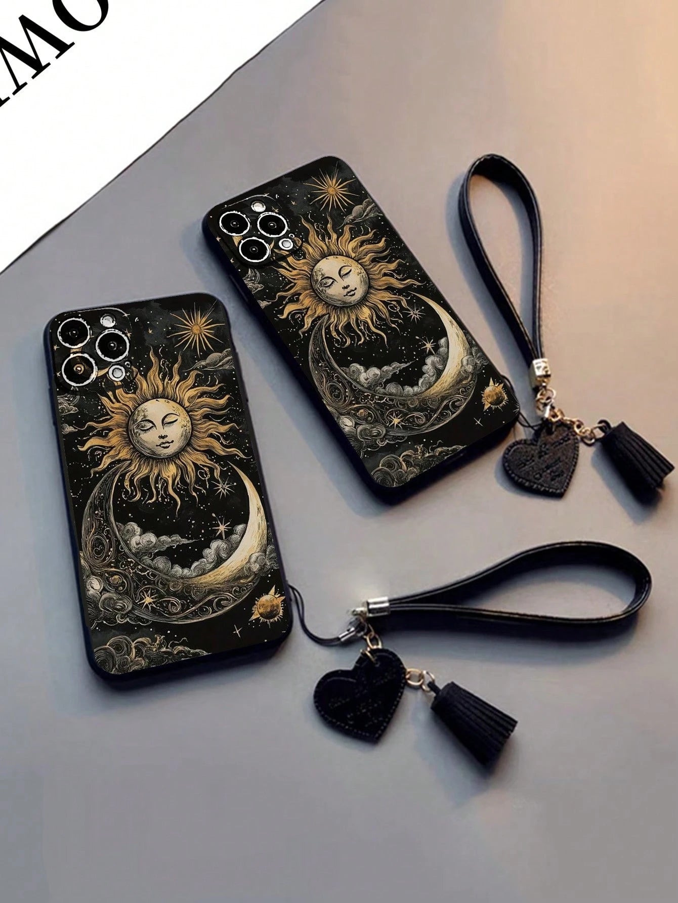 Moon Leather Black Shock-Proof 1pc Perforated Edged Black Moon 3D Print Shock-Proof Protective Phone Case With New Design Leather Heart Lanyard DIY Phone Accessory, Short Wrist Strap Tassel Pendant Ch