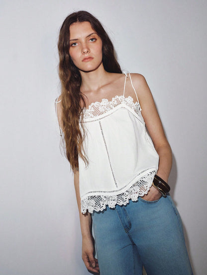 MOTF PREMIUM VACATION LOOSE COTTON EMBROIDERED FLORAL TRIM CAMISOLE TOP, SPRING/SUMMER
