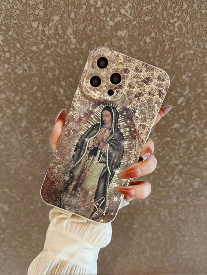 Mother Mary Pattern Liquid Silicone Mobile Phone Case Full-Body Protection Shockproof Anti-Fall TPU Soft Rubber Case Compatible With IPhoneFOR-YOUR-BELOVED-PHONE Christmas Gifts Christmas Gifts