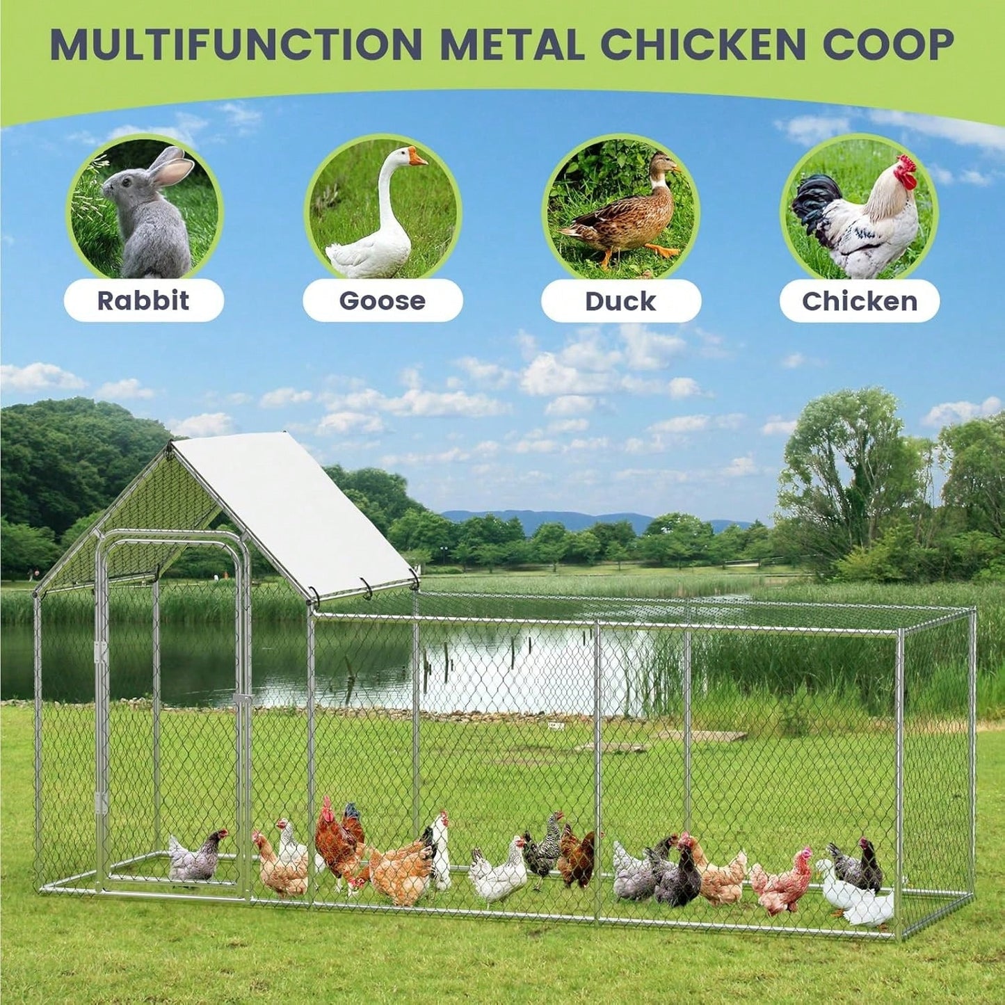 mteryoing Large Metal Chicken Co Op, Chicken Run For Yard With Waterproof And Anti-UV Cover, Walk-In Chicken House For 8/10 Chickens, Rabbits Duck Outdoor Farm Yard