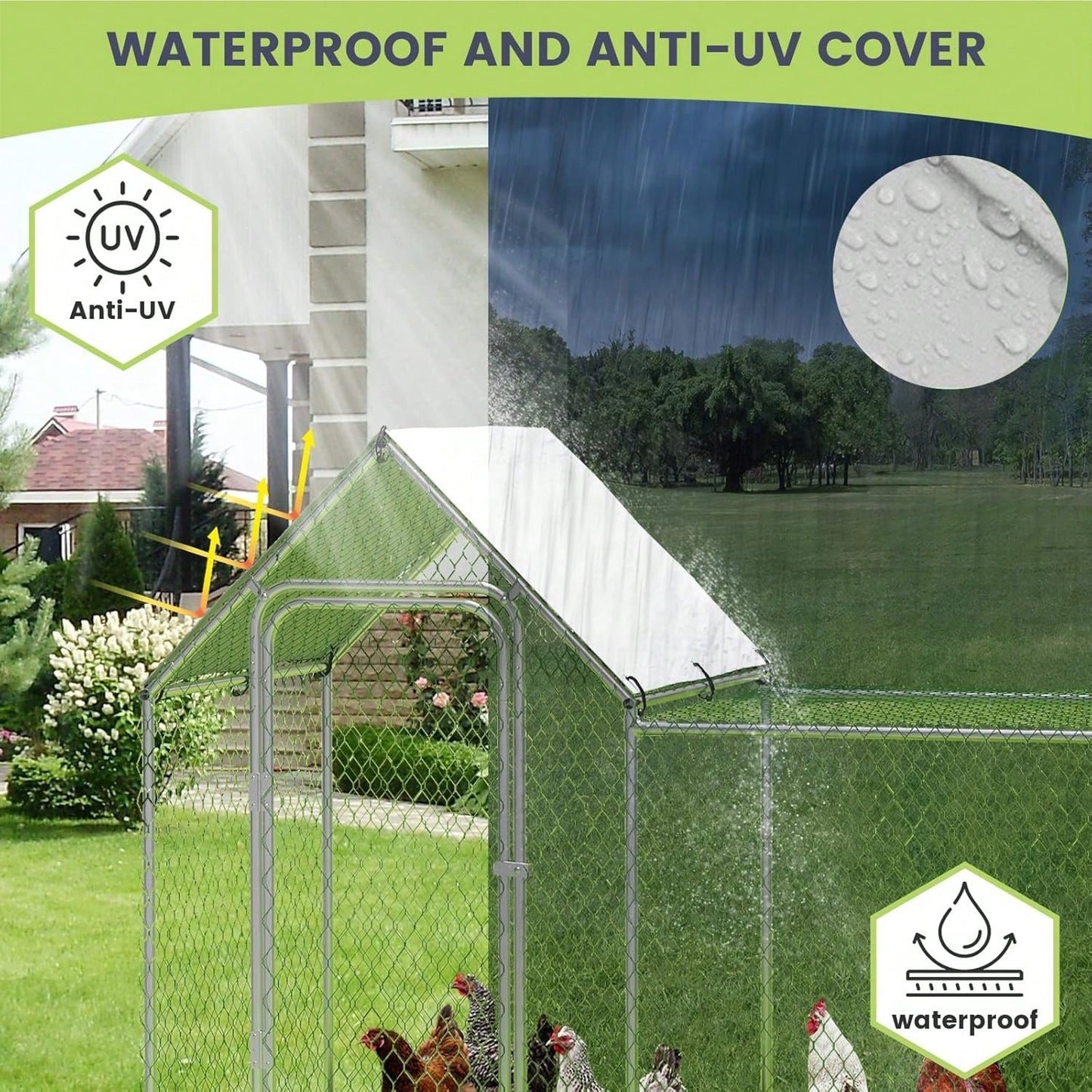 mteryoing Large Metal Chicken Co Op, Chicken Run For Yard With Waterproof And Anti-UV Cover, Walk-In Chicken House For 8/10 Chickens, Rabbits Duck Outdoor Farm Yard