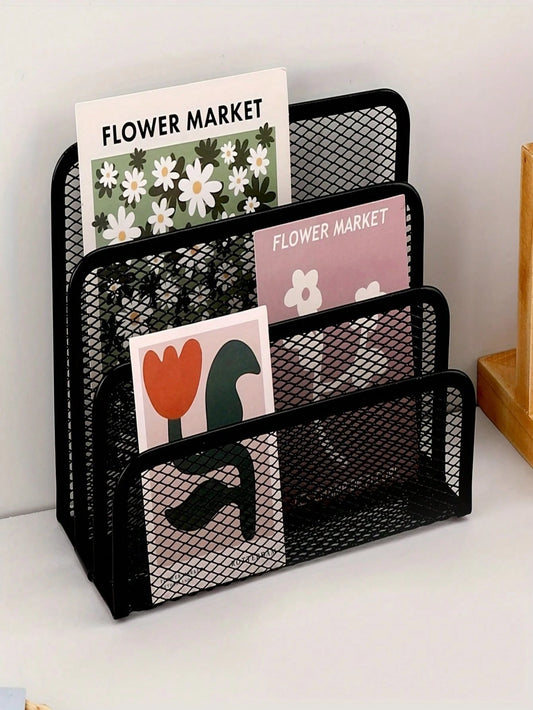 Multi-Function Metal Wire Mesh Desk Organizer Rack With Bookshelf, File Holder, Letter/Card Slots- Space-Saving Freestanding Storage Shelf, Suitable For Home Office, Compact Vertical Design, Fits Hom
