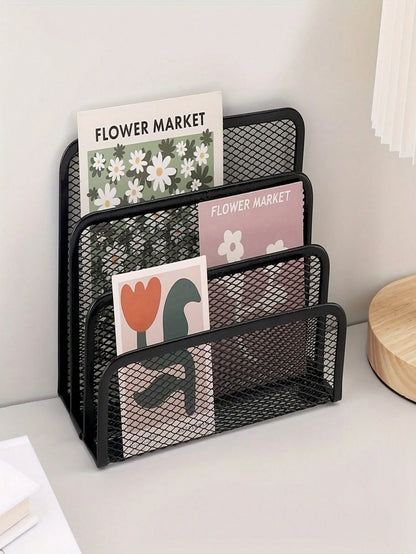 Multi-Function Metal Wire Mesh Desk Organizer Rack With Bookshelf, File Holder, Letter/Card Slots- Space-Saving Freestanding Storage Shelf, Suitable For Home Office, Compact Vertical Design, Fits Hom