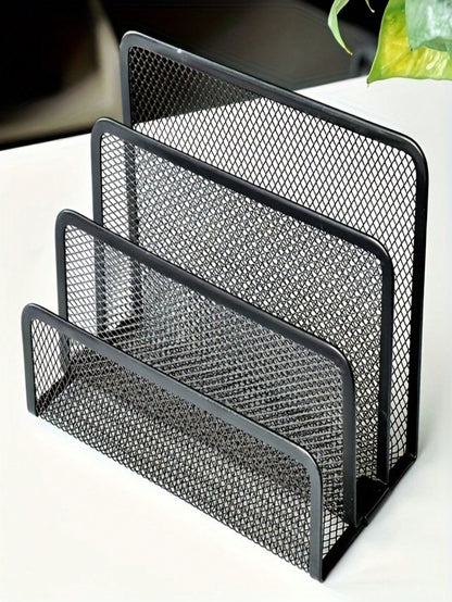 Multi-Function Metal Wire Mesh Desk Organizer Rack With Bookshelf, File Holder, Letter/Card Slots- Space-Saving Freestanding Storage Shelf, Suitable For Home Office, Compact Vertical Design, Fits Hom