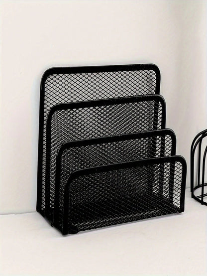 Multi-Function Metal Wire Mesh Desk Organizer Rack With Bookshelf, File Holder, Letter/Card Slots- Space-Saving Freestanding Storage Shelf, Suitable For Home Office, Compact Vertical Design, Fits Hom