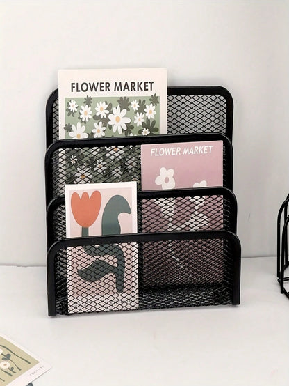 Multi-Function Metal Wire Mesh Desk Organizer Rack With Bookshelf, File Holder, Letter/Card Slots- Space-Saving Freestanding Storage Shelf, Suitable For Home Office, Compact Vertical Design, Fits Hom