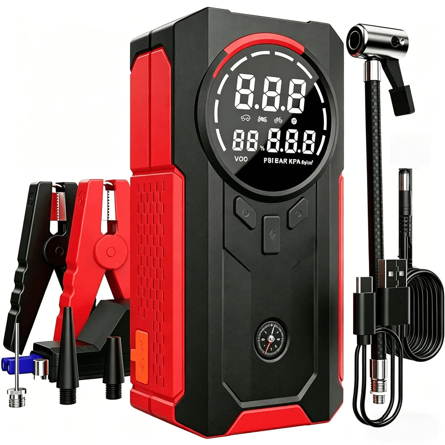 Multifunctional 4-In-1 Jump Starter With Inflator And Power Bank LED Light Jump Starter With Inflator Car Booster With Digital