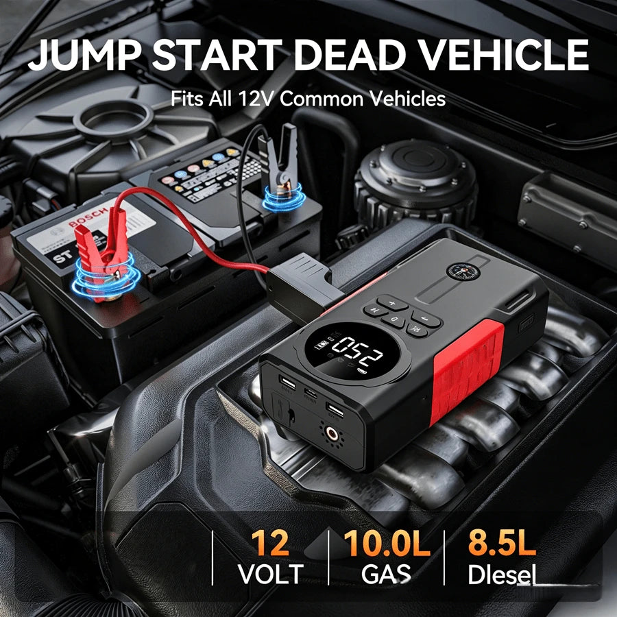 Multifunctional 4-In-1 Jump Starter With Inflator And Power Bank LED Light Jump Starter With Inflator Car Booster With Digital