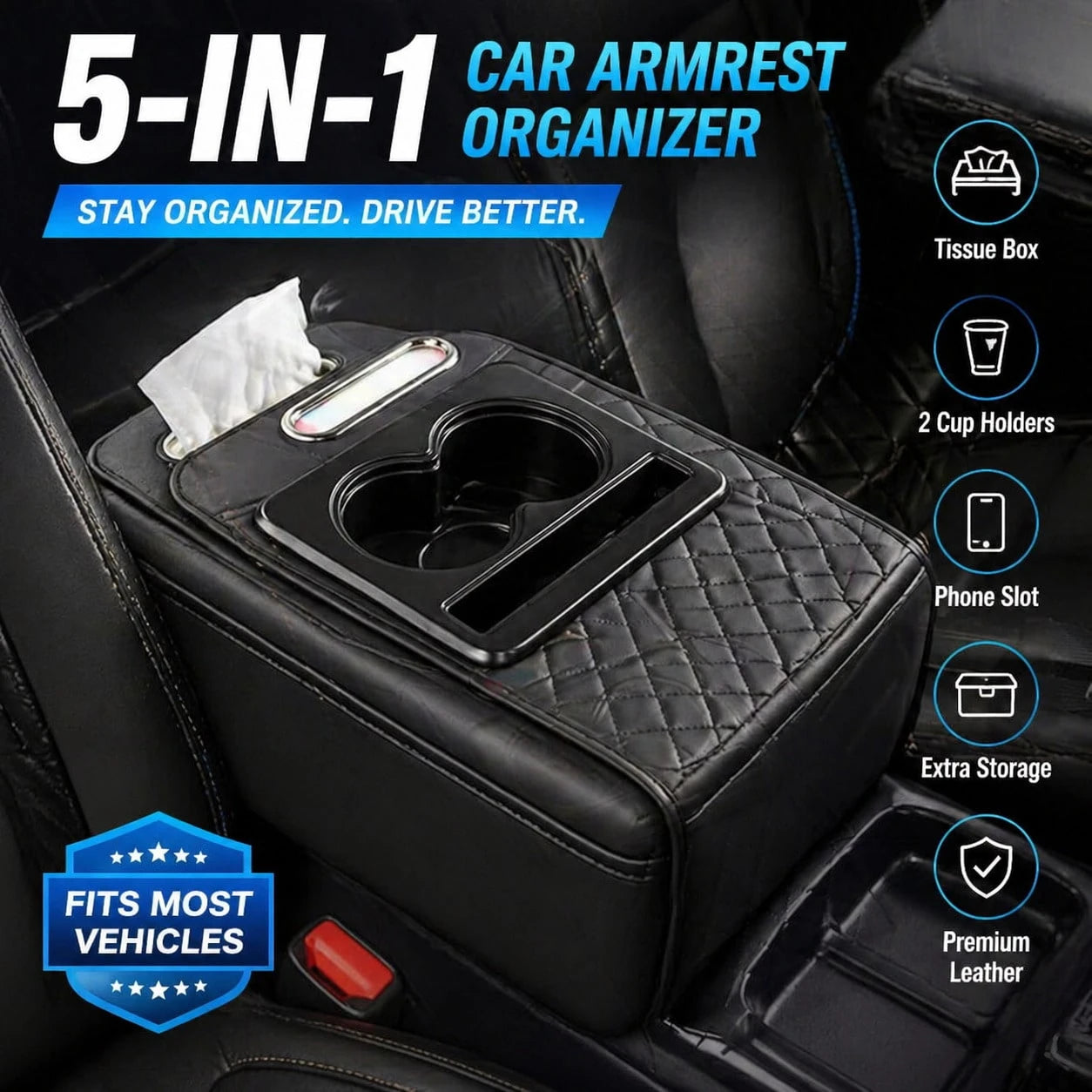 Multifunctional PU Leather Car Armrest Pad- 5-In-1 Center Console Cover Featuring Integrated Dual Storage Pockets, Cup Holder, Tissue Slot, And Phone Slot; Suitable For Sedans (Black)