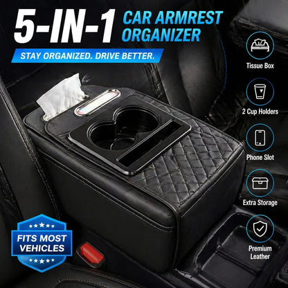 Multifunctional PU Leather Car Armrest Pad- 5-In-1 Center Console Cover Featuring Integrated Dual Storage Pockets, Cup Holder, Tissue Slot, And Phone Slot; Suitable For Sedans (Black)