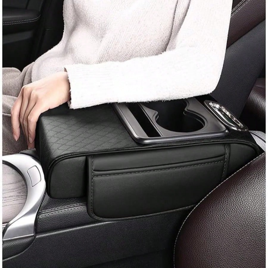 Multifunctional PU Leather Car Armrest Pad- 5-In-1 Center Console Cover Featuring Integrated Dual Storage Pockets, Cup Holder, Tissue Slot, And Phone Slot; Suitable For Sedans (Black)