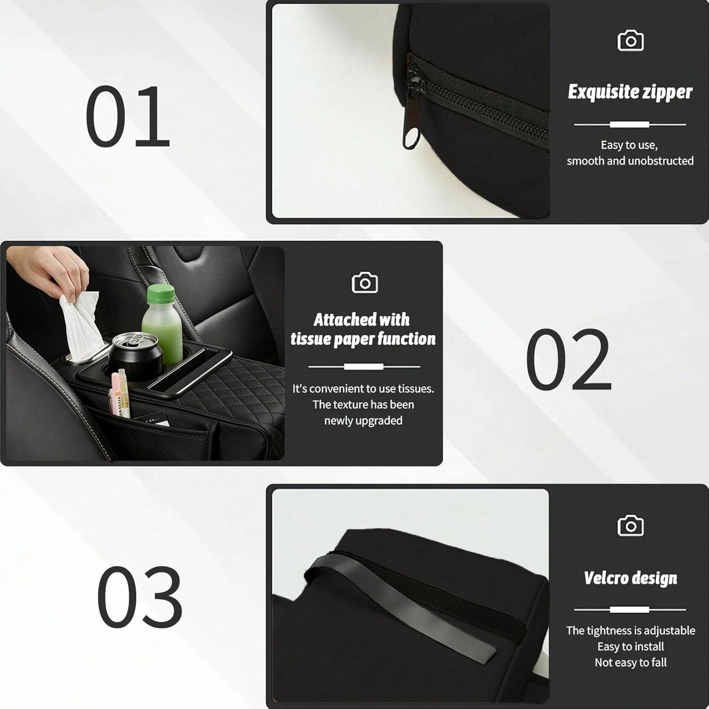 Multifunctional PU Leather Car Armrest Pad- 5-In-1 Center Console Cover Featuring Integrated Dual Storage Pockets, Cup Holder, Tissue Slot, And Phone Slot; Suitable For Sedans (Black)