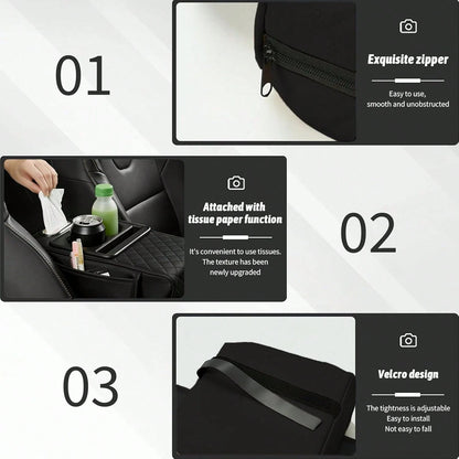 Multifunctional PU Leather Car Armrest Pad- 5-In-1 Center Console Cover Featuring Integrated Dual Storage Pockets, Cup Holder, Tissue Slot, And Phone Slot; Suitable For Sedans (Black)