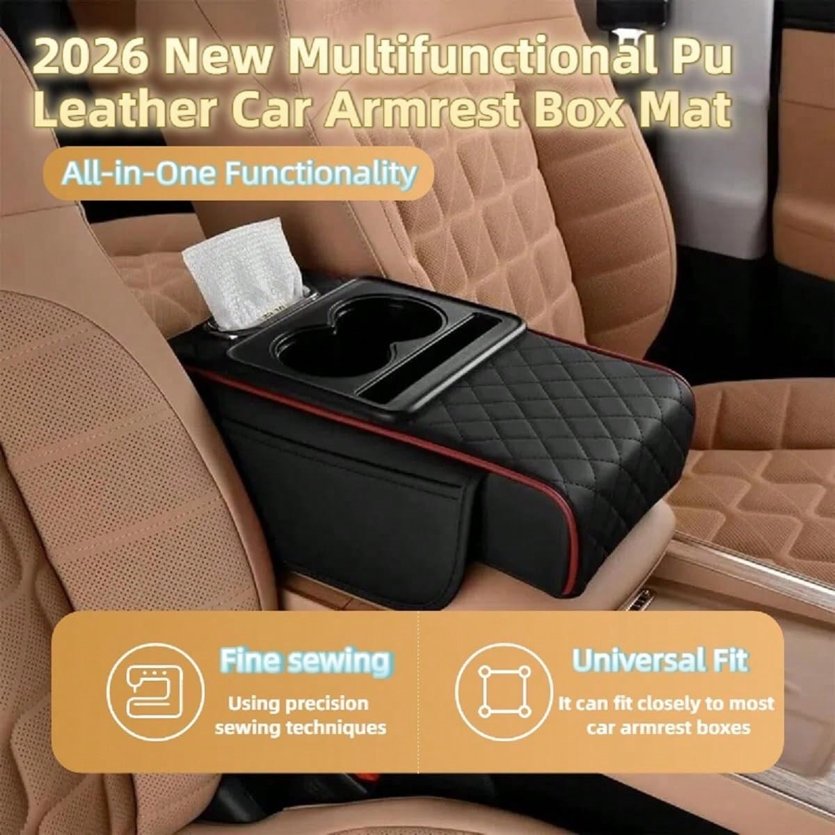 Multifunctional PU Leather Car Armrest Pad- 5-In-1 Center Console Cover Featuring Integrated Dual Storage Pockets, Cup Holder, Tissue Slot, And Phone Slot; Suitable For Sedans (Black)
