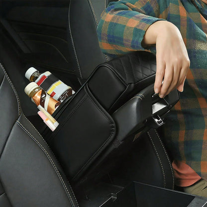 Multifunctional PU Leather Car Armrest Pad- 5-In-1 Center Console Cover Featuring Integrated Dual Storage Pockets, Cup Holder, Tissue Slot, And Phone Slot; Suitable For Sedans (Black)