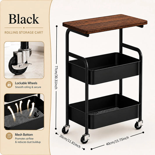 Multifunctional Three-Tier Rolling Cart, Multifunctional Storage Rack, Snack Rack, Portable Wheels, Suitable For Use In The Kitchen, Home, Or Office, Office Storage And Organizing Rolling Cart