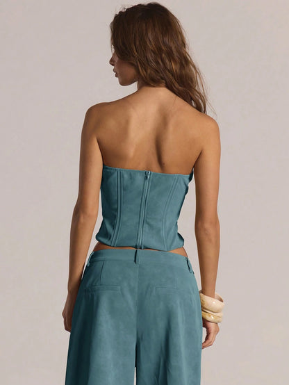 MUSERA Boned Zip Up Strapless Suede Corset Top Only Winter Casual Going Out Sexy Everyday Night Out Cute Holidays Party Valentines Day Spring Summer