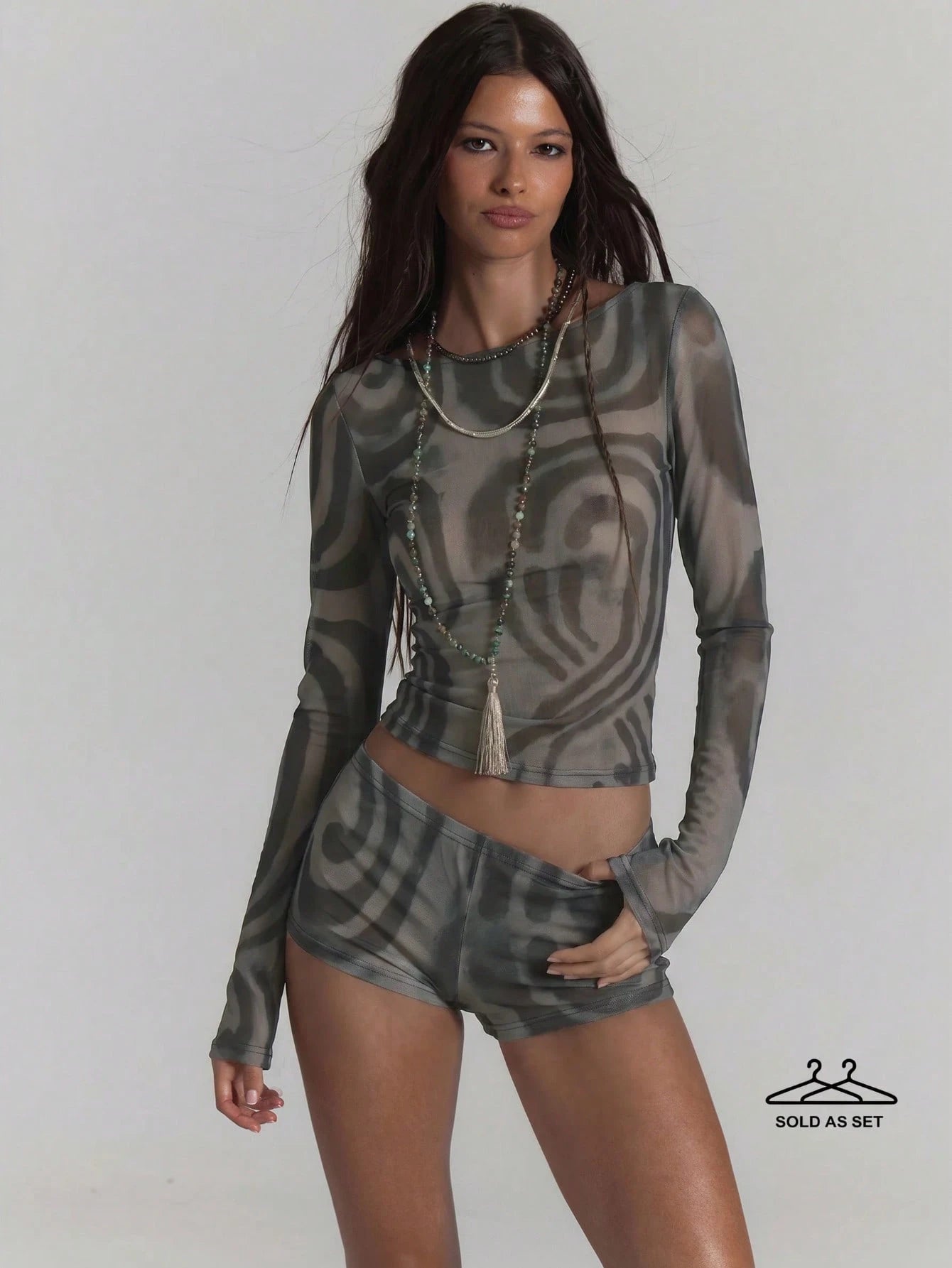 MUSERA Mesh Printed Long Sleeve Slash Neck Top Low Rise Micro Short Co-Ord Set Sold As Set Sexy Summer Spring Rave Festival Holiday Party Going Out Serpent