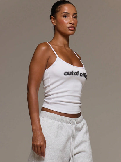 MUSERA Strappy Scoop Neck Graphic 'Out Of Office' Print Fitted Cami Top Cute Everyday Daily Lounge Airport Holidays Vacation Summer Spring Altitude