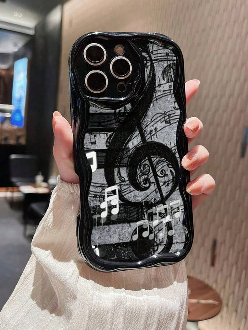Music Note Wave Black Mobile Phone Case, Four-Corner Anti-Drop Camera Enhanced Protection, Prevent Wear And Tear, Comfortable Feel, Protective Buttons, Breathable Heat Dissipation, Dustproof, For Men
