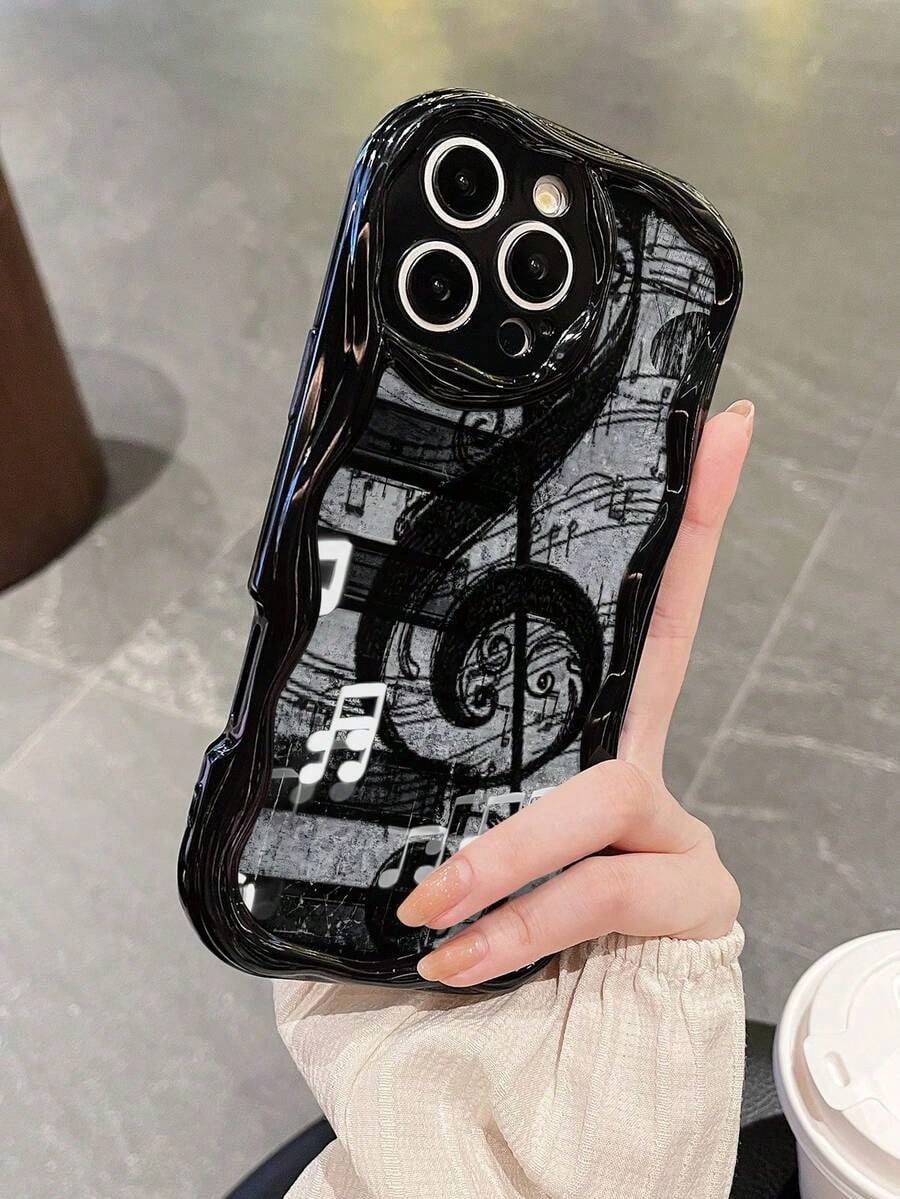 Music Note Wave Black Mobile Phone Case, Four-Corner Anti-Drop Camera Enhanced Protection, Prevent Wear And Tear, Comfortable Feel, Protective Buttons, Breathable Heat Dissipation, Dustproof, For Men