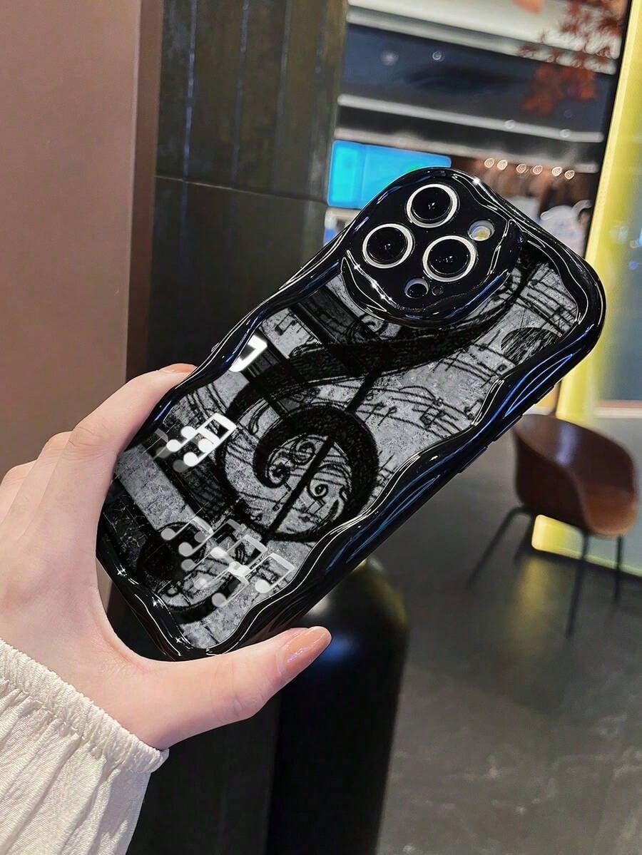Music Note Wave Black Mobile Phone Case, Four-Corner Anti-Drop Camera Enhanced Protection, Prevent Wear And Tear, Comfortable Feel, Protective Buttons, Breathable Heat Dissipation, Dustproof, For Men