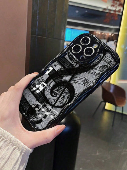 Music Note Wave Black Mobile Phone Case, Four-Corner Anti-Drop Camera Enhanced Protection, Prevent Wear And Tear, Comfortable Feel, Protective Buttons, Breathable Heat Dissipation, Dustproof, For Men