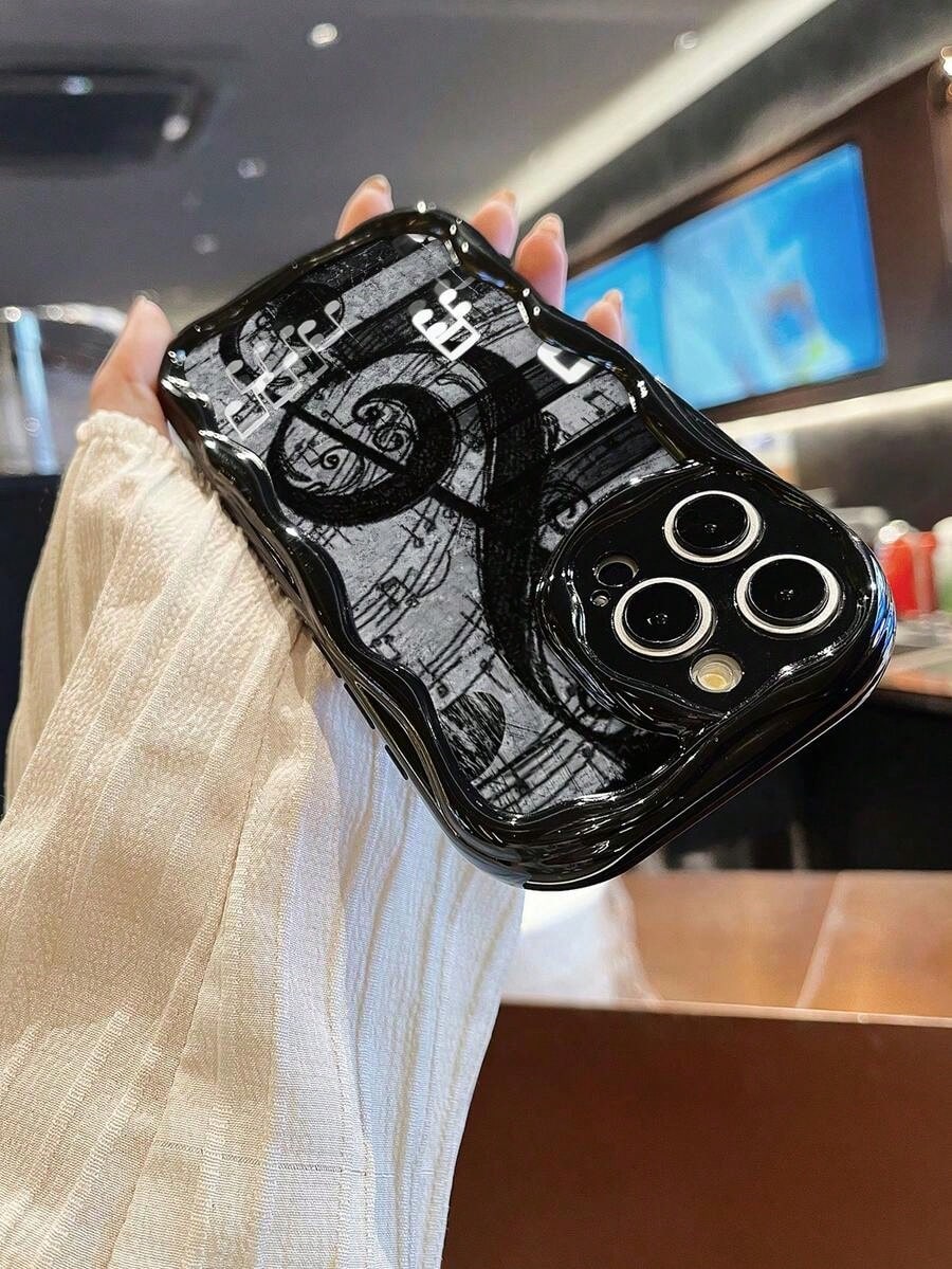 Music Note Wave Black Mobile Phone Case, Four-Corner Anti-Drop Camera Enhanced Protection, Prevent Wear And Tear, Comfortable Feel, Protective Buttons, Breathable Heat Dissipation, Dustproof, For Men