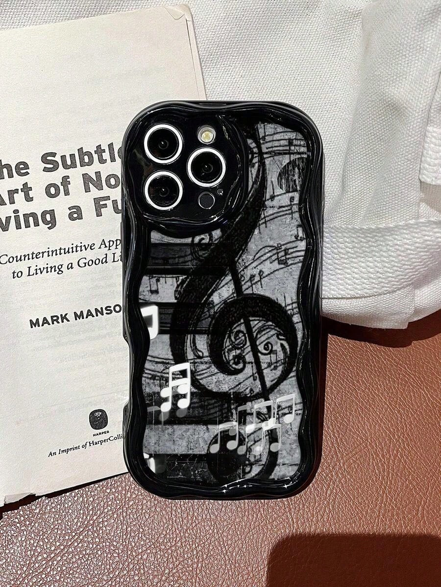 Music Note Wave Black Mobile Phone Case, Four-Corner Anti-Drop Camera Enhanced Protection, Prevent Wear And Tear, Comfortable Feel, Protective Buttons, Breathable Heat Dissipation, Dustproof, For Men
