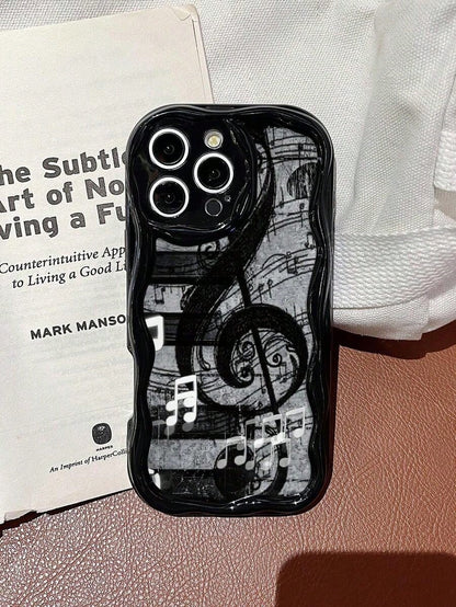 Music Note Wave Black Mobile Phone Case, Four-Corner Anti-Drop Camera Enhanced Protection, Prevent Wear And Tear, Comfortable Feel, Protective Buttons, Breathable Heat Dissipation, Dustproof, For Men
