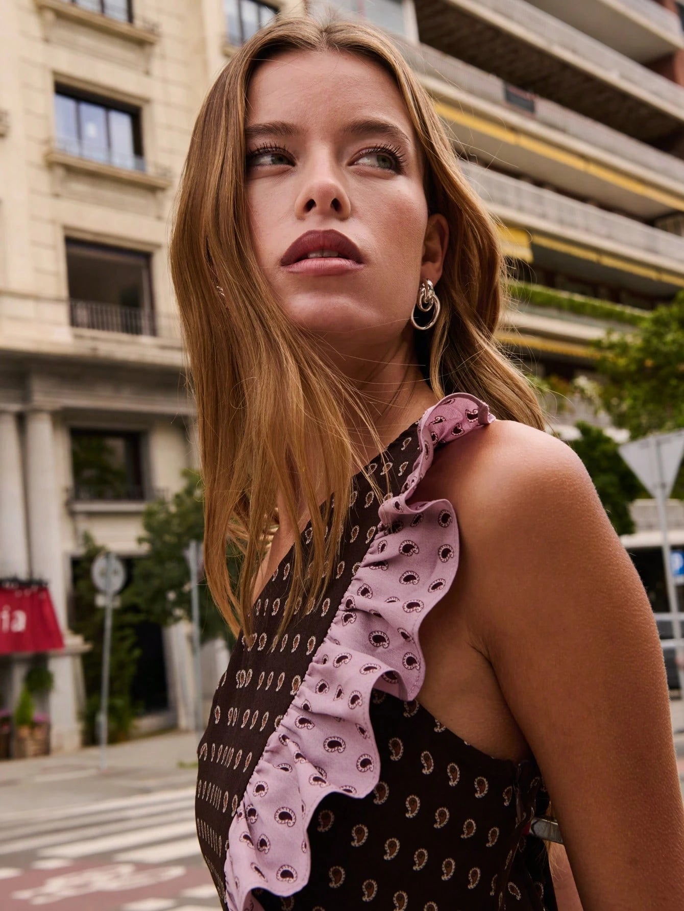 Nöista Women's Brown Checkered Boho Chic One-Shoulder Ruffle Top,Summer Mixed Prints Asymmetrical Neckline Layered Frill Vacation Top For Date Night Party