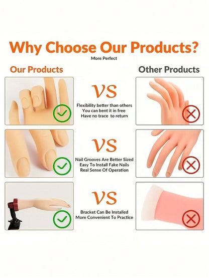 Nail Art Practice Hand Model Stand Set- Realistic Palm & Flexible Fingers, Suitable For Nail Training