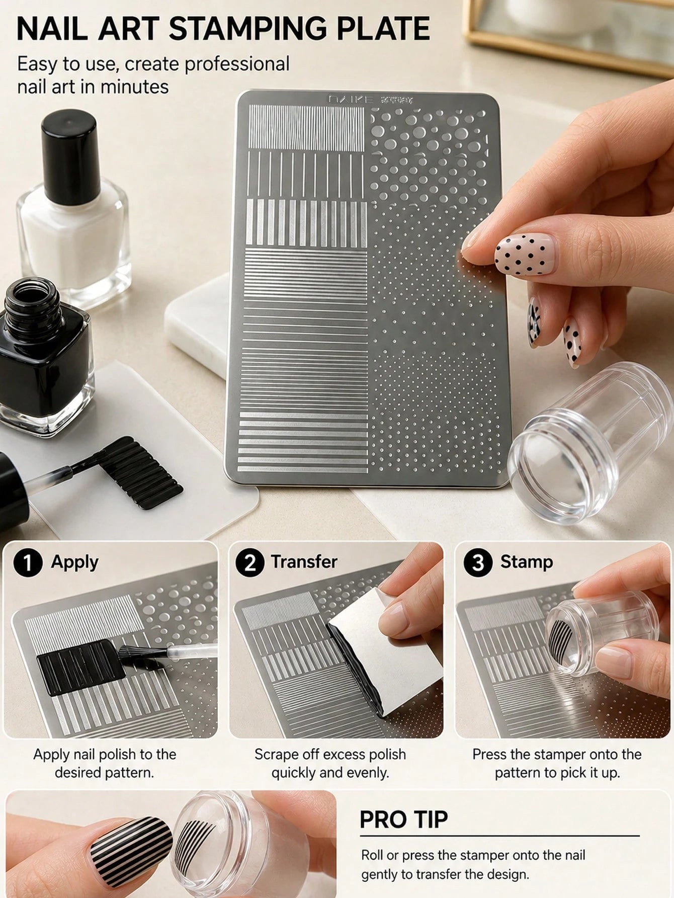 Nail Art Printing Steel Plate Striped Polka Dot French Style Nail Stamping Template, Nail Art Tools For Nail Technicians
