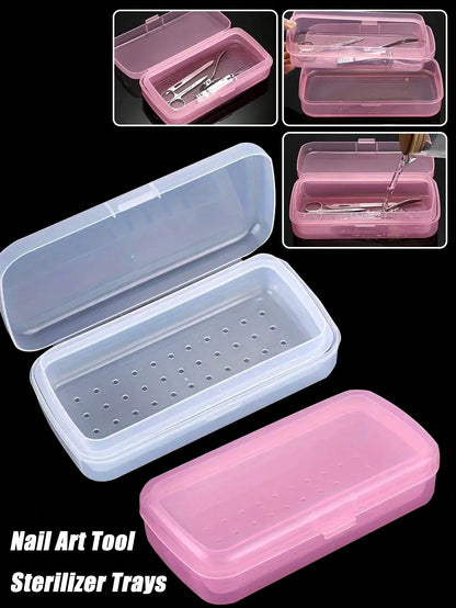 Nail Art Tool Sterilizer Trays- Portable, Transparent Plastic Storage Boxes With Strainers For Tweezers & Manicure Tools, Nail Art Supplies, Sleek Design, Durable Construction