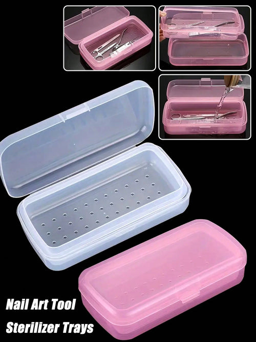 Nail Art Tool Sterilizer Trays- Portable, Transparent Plastic Storage Boxes With Strainers For Tweezers & Manicure Tools, Nail Art Supplies, Sleek Design, Durable Construction