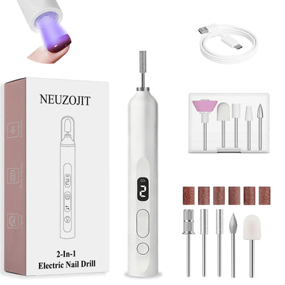 NEUZOJIT 2 In 1 Electric Nail Drill With Built-In UV Light, Rechargeable Portable Nail File Machine With Multiple Nail Drill Bits For Gel Nail Polishing And Curing DIY Manicure