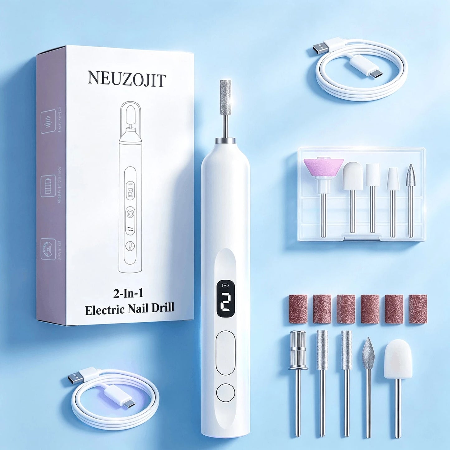 NEUZOJIT 2 In 1 Electric Nail Drill With Built-In UV Light, Rechargeable Portable Nail File Machine With Multiple Nail Drill Bits For Gel Nail Polishing And Curing DIY Manicure