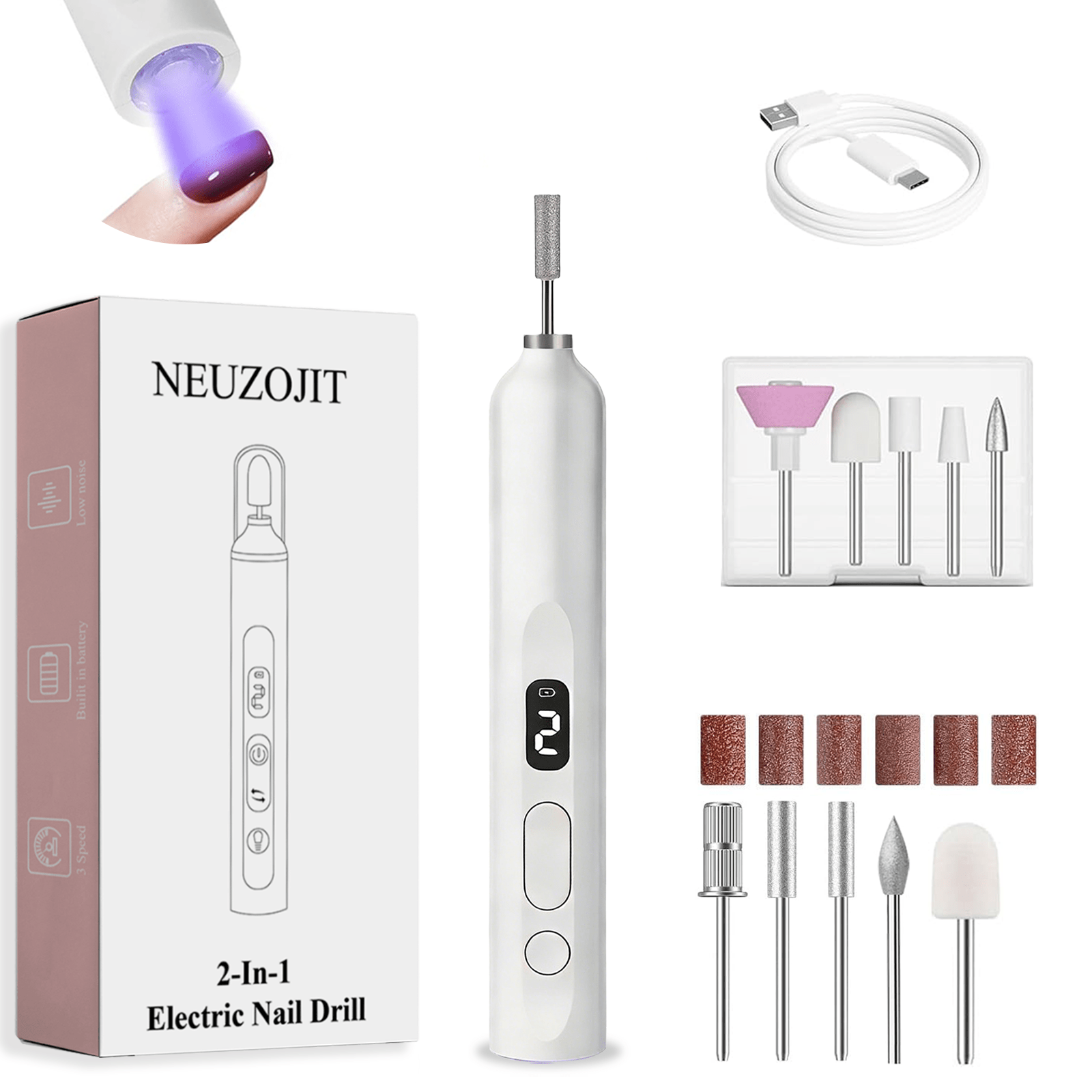 NEUZOJIT 2 In 1 Electric Nail Drill With Built-In UV Light, Rechargeable Portable Nail File Machine With Multiple Nail Drill Bits For Gel Nail Polishing And Curing DIY Manicure