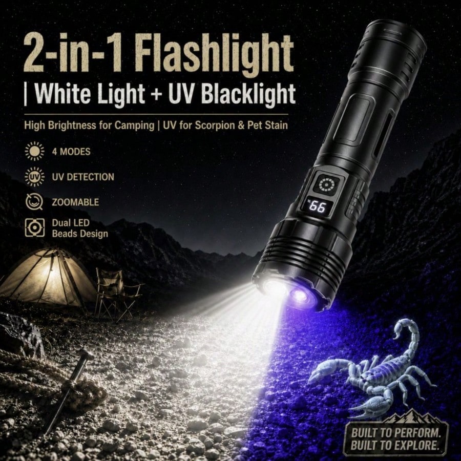[New Arrival]2/1PCS High-Powered 2-In-1Flashlight Zoomable With Convex Lens,White&UV Light Telescopic Focus Flashlight,Portable Flashlight For Camping,Hiking,Scorpion Hunting,Currency Check,Emergency
