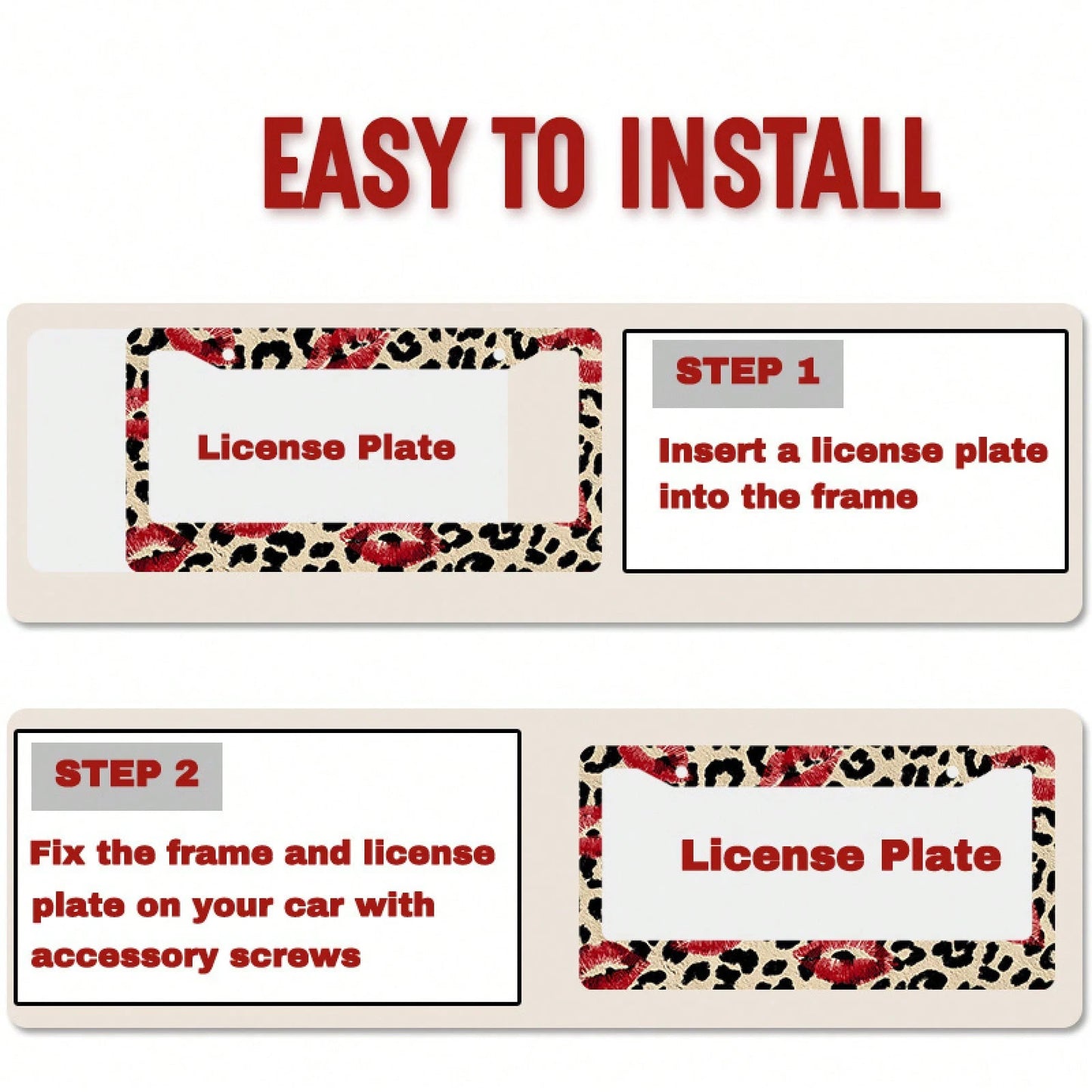 [New Arrival] 2D Flat K-Type Car License Plate Frame, 1-Piece Leopard Print Red Lip Print License Plate Frame- Gold-Tone Black/White/Beige License Plate Cover, Designed Specifically For SUVs And Truc