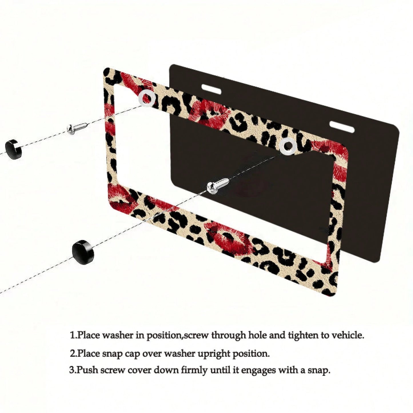 [New Arrival] 2D Flat K-Type Car License Plate Frame, 1-Piece Leopard Print Red Lip Print License Plate Frame- Gold-Tone Black/White/Beige License Plate Cover, Designed Specifically For SUVs And Truc