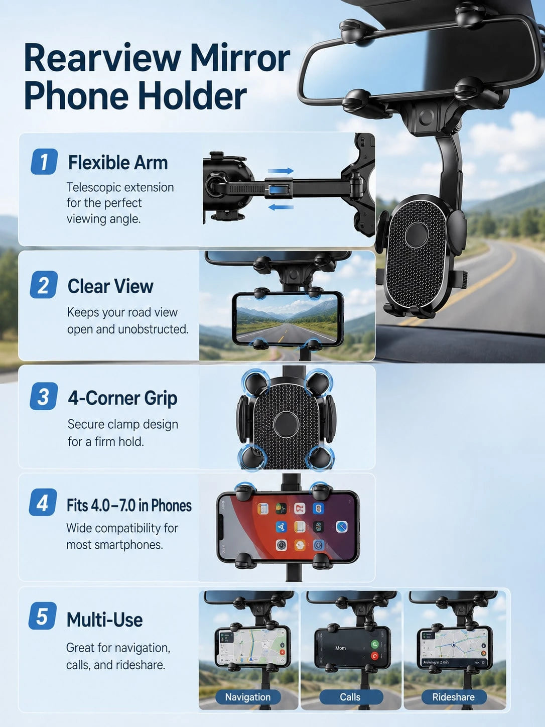 New Car Rearview Mirror Gravity Navigation Phone Holder- Universal Car Rearview Mirror Phone Mount, 360° Rotatable, One-Hand Operation, Fits 4.0"-7.0" Phones, Non-Obstructive Navigation Holder With G